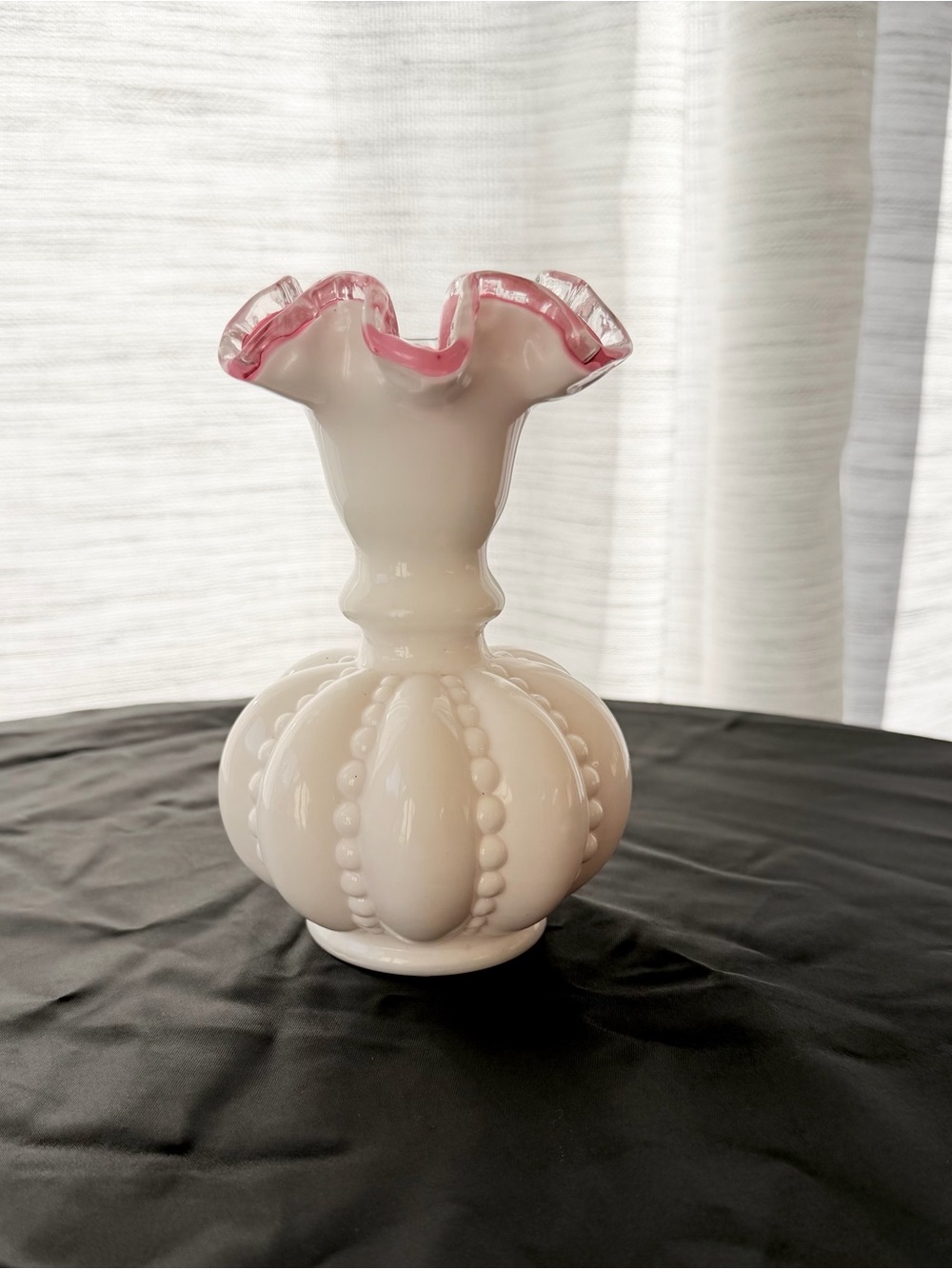 Fenton Milk Glass Beaded Melon Pink/Peach silver Crest Ruffle Edge Vase 6.5"